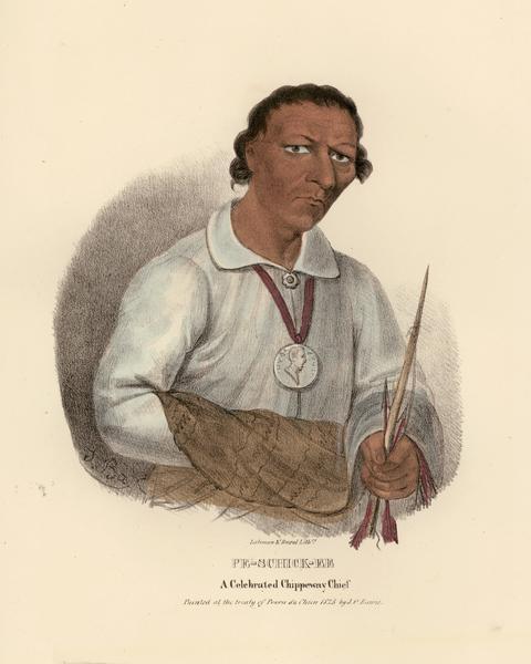 Pe-shick-ee, a Chief of the Chippeway (Ojibwa) Tribe.  Hand-colored lithograph from the Aboriginal Portfolio, painted at the Treaty of Prairie du Chien (1827).
