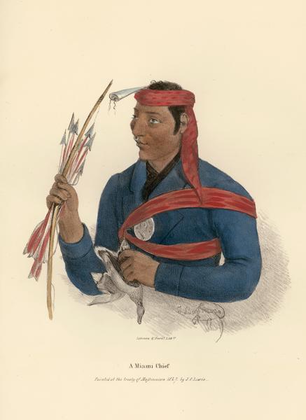 A Miami Chief.  Hand-colored lithograph from the Aboriginal Portfolio, painted at the Treaty of Massinnewa (1827). He holds a bow and arrows, and a killed bird.