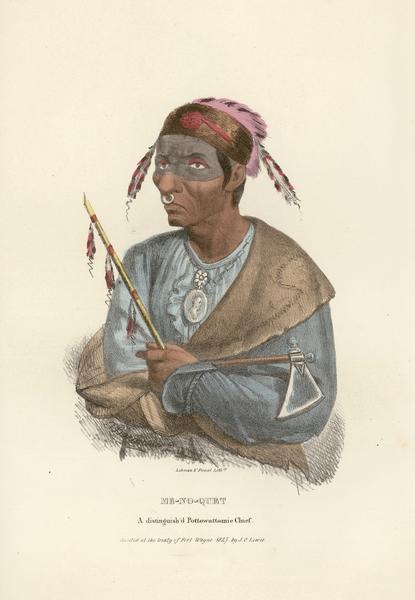 Me-no-quet, distinguished Chief of the Pottowattomie (Potawatomi) Tribe. Hand-colored lithograph from the Aboriginal Portfolio, painted at the Treaty of Fort Wayne (1827).