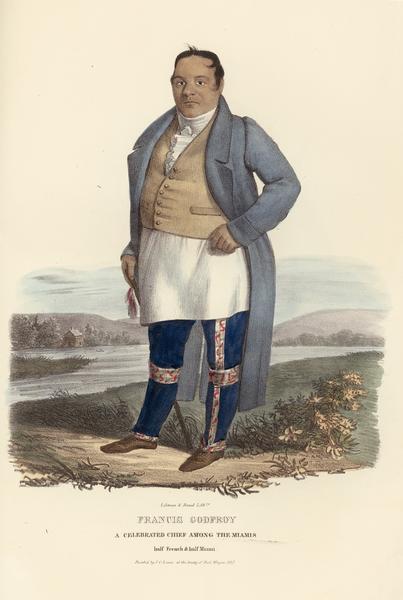 Francis Godfroy, a celebrated Miami chief who was half French and half Miami. Hand-colored lithograph from the Aboriginal Portfolio, painted at the Treaty of Fort Wayne (1827).