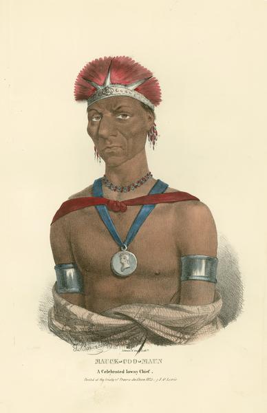 Mauck-coo-maun, a celebrated Ioway (Bah-Kho-Je) Chief. Hand-colored lithograph from the Aboriginal Portfolio, painted at the Treaty of Prairie du Chien (1825).