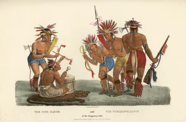 The Pipe Dance and the Tomahawk Dance of the Chippeway (Ojibwa) Tribe. Hand-colored lithograph from the Aboriginal Portfolio, painted at the Treaty of Prairie du Chien (1825). Dancers hold weapons and pipes. Drummer is seated on an animal skin.