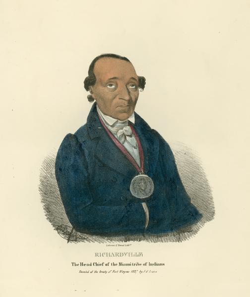 Richardville, the Head Chief of the Miami Tribe. Hand-colored lithograph from the Aboriginal Portfolio, painted at the Treaty of Fort Wayne (1827).