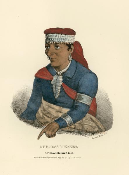Kee-o-tuck-kee, a Pottowattomie (Potawatomi) Chief. Hand-colored lithograph from the Aboriginal Portfolio, painted at the treaty of Green Bay (1827).