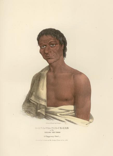 O-hay-wa-nim-ce-kee, or the Yellow Thunder, a Chippeway (Ojibwa) Chief. Hand-colored lithograph from the Aboriginal Portfolio, sketched by J.O. Lewis at the treaty of Fond du Lac (1826).