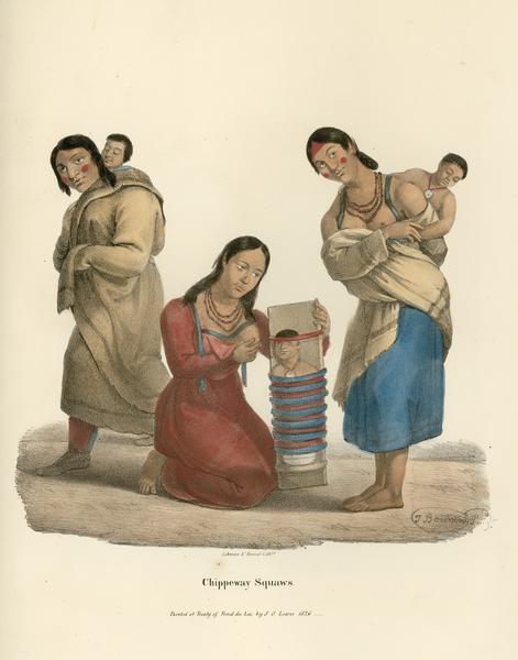 Portrait of three Chippewa (Ojibwa) women with their babies, originally titled "Chippeway Squaws." Hand-colored lithograph from the Aboriginal Portfolio, painted at the Treaty of Fond du Lac (1826).