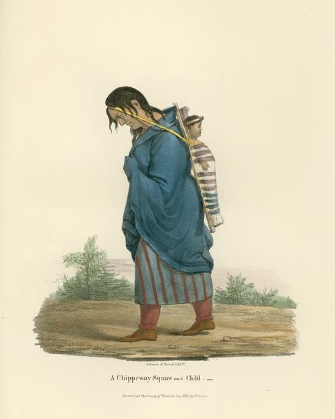 Portrait of a Chippewa (Ojibwa) woman and her child, originally titled "Chippeway Squaw and Child." Hand-colored lithograph from the Aboriginal Portfolio, painted at the Treaty of Fond du Lac (1826).