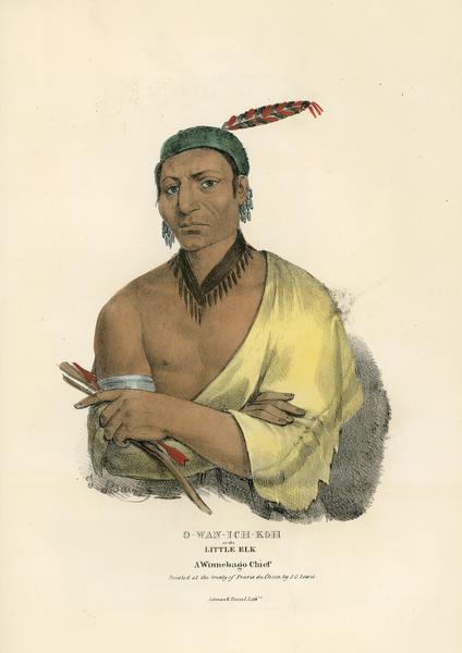 O-wan-ich-koh (also phoneticized Hoowanneka) or the Little Elk, a chief of the Ho-Chunk. This portrait depicts Little Elk as he appeared at the Treaty of Prairie du Chien in 1825. Lewis' work at Prairie du Chien and other treaty signings in Wisconsin and elsewhere during the 1820s was published as part of the Aboriginal Portfolio.