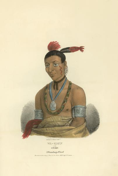 Wa-kaun, or the Snake, a Winnebago (Ho-Chunk) Chief. Hand-colored lithography from the Aboriginal Portfolio, painted by J.O. Lewis at the Treaty of Prairie du Chien (1825).