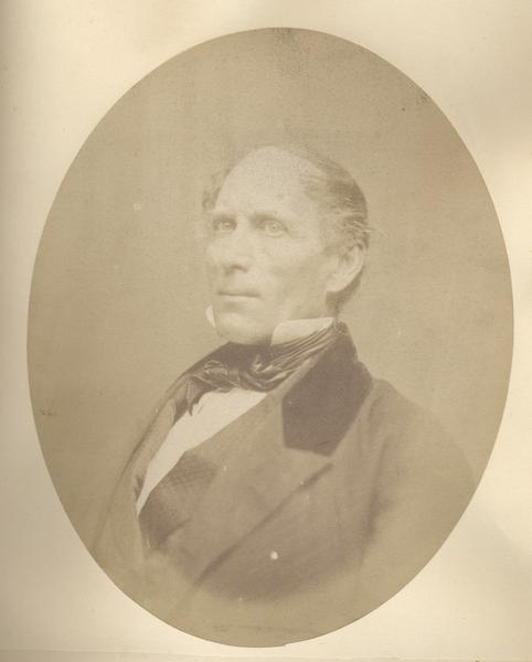 Quarter-length oval portrait of Samuel Hale.  He was born in Oneida County, New York on September 13, 1800.  He came to Wisconsin in May 26, 1836, and resided in Kenosha City.