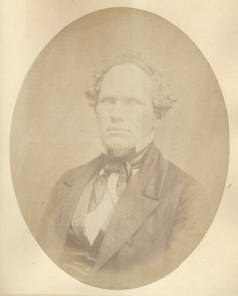 Quarter-length oval portrait of Major John H. Rountree. He was born in March of 1805 in Kentucky, near the Mammoth Cave, and came to Wisconsin on May 27, 1827. He was one of the first to settle and develop Platteville, in Grant County.