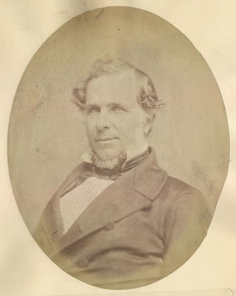 Quarter-length oval portrait of George O. Tiffany.  He was born in Le Roy, New York, on July 2, 1814, and came to Wisconsin on May 20, 1836.