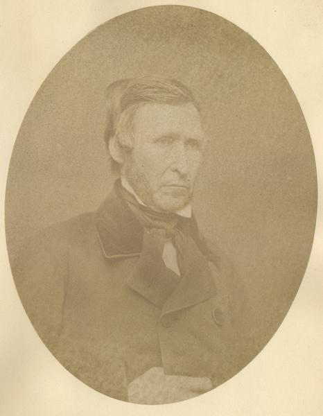 Quarter-length oval portrait of Augustus A. Bird.  He was born in Reading, Windsor County, Vermont and emigrated to Wisconsin in 1836.  He and his family were early settlers of Madison.