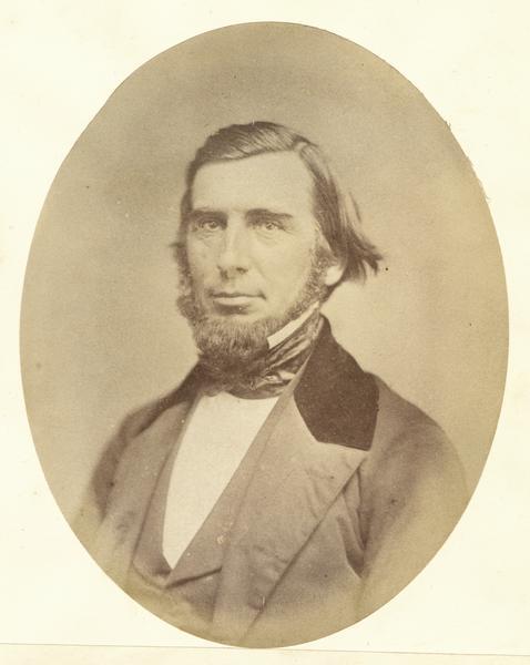 Quarter-length oval portrait of Levi P. Drake.  He was born in Herkimer County, New York on September 17, 1812, and emigrated to Wisconsin on May 25, 1826.
