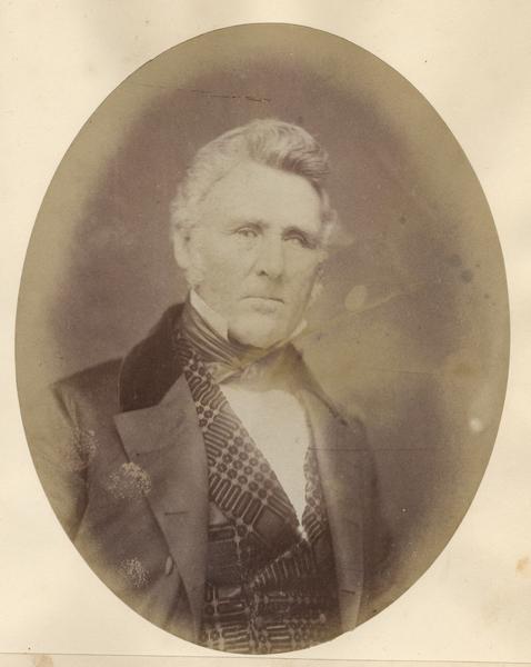 Quarter-length oval portrait of James Morrison. He was born in Randolph County, Illinois, on September 30, 1799, and came to Wisconsin on May 5, 1828. Morrison died in 1860.