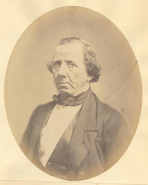 Quarter-length oval portrait of James Rogan. He was born in County Down, Ireland on August 12th, 1801, and came to America in April of 1823. In 1836, Rogan received the first deed to a land grant given to any individual in the present city limits of Watertown.