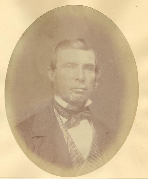 Quarter-length oval portrait of Richard F. Veeder.  He was born in Montreal, Canada, on June 11, 1812, and came to Wisconsin on June 26, 1835.  Veeder died on January 19, 1870, in Portage.