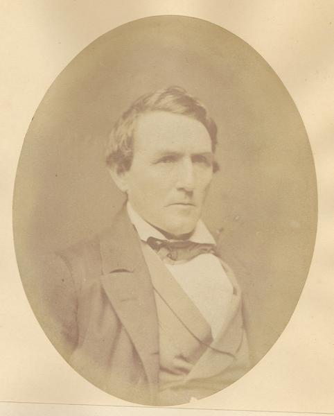 Quarter-length oval portrait of David Walter Jones.  He was born on March 26, 1815, and came to Wisconsin from Fayette County, Pennsylvania in July of 1836.