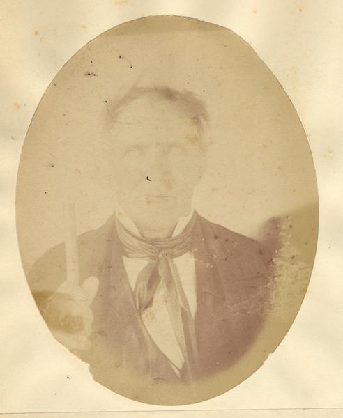 Quarter-length oval portrait of John Messersmith.  He was born in Chambersburg, Pennsylvania, in 1790.  Messersmith came to Wisconsin in May of 1827, and resided in Dodgeville, Iowa County, until his death on October 1, 1855.