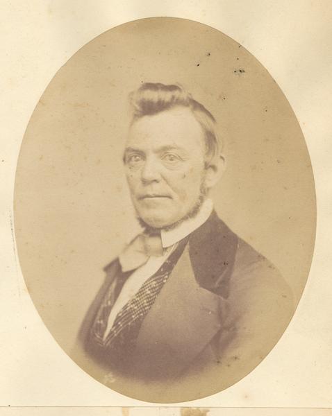 Quarter-length oval portrait of George Messersmith.  He was born in West Union, Ohio, in 1815.  Messersmith came to Wisconsin in May of 1827, and resided in Iowa County.