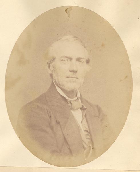 Quarter-length oval portrait of Moses Whiteside.  He was born in Madison County, Illinois, on September 14, 1804, and came to Lafayette County, Wisconsin, in May of 1828.