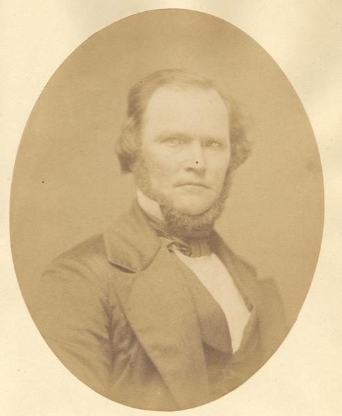 Quarter-length oval portrait of Peter Parkison, Jr. He was born in Tennessee on January 12, 1812. Parkison came to Wisconsin on August 15, 1828, and resided in Lafayette County.