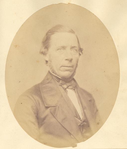Quarter-length oval portrait of John Bannister. He was born in Franklin County, Massachusetts on July 10, 1810. Bannister moved to Green Bay, Wisconsin on May 21, 1834, and later resided in Fond du Lac where he served as deputy surveyor.