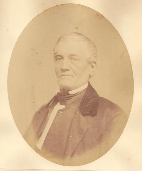Quarter-length oval portrait of Jonathan Wheelock. He was born in Barnard, Windsor County, Vermont, on July 11, 1790. Wheelock arrived in Green Bay on June 19, 1833.