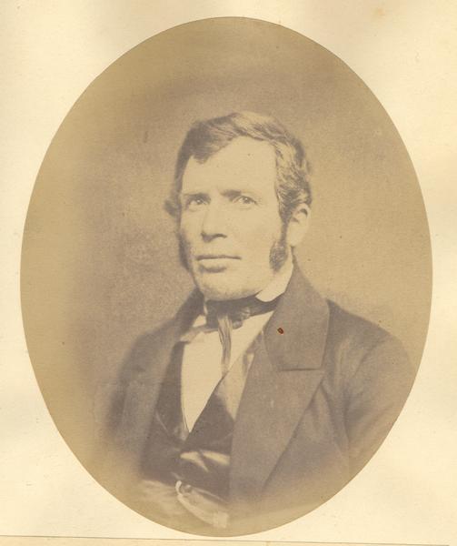 Quarter-length oval portrait of Henry Roblin.  He was born in England, County of Cromwell, Parish of Comburn on August 7, 1814.  He came to Wisconsin in June of 1834.