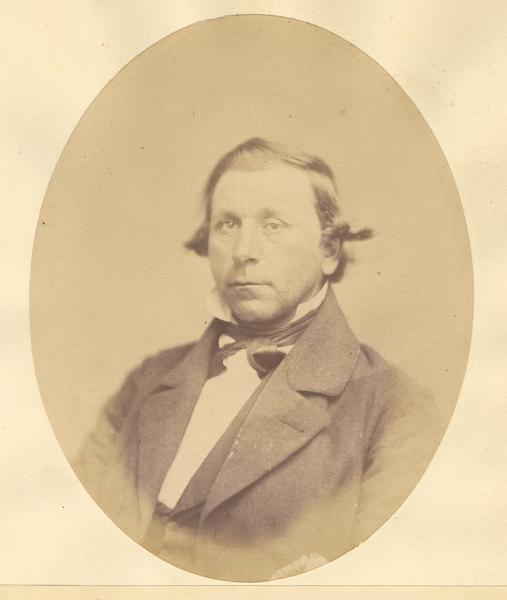 Quarter-length oval portrait of Stephen D. Butts.  He was born in Pennsylvania on August 14, 1815.  Butts came to Wisconsin on July 8, 1836, and was one of the early settlers of Milton.