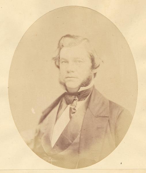 Quarter-length oval portrait of Colonel Thomas Stephens.  He was born in Devonshire, England, in May of 1815.  Stephens emigrated to Wisconsin in 1836, and declared his intention to become a citizen in 1839.