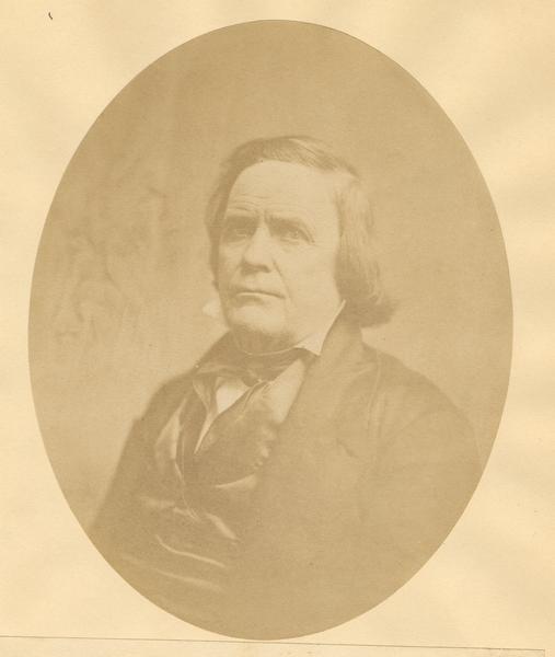 Quarter-length oval portrait of Daniel Baxter.  He was born in Pittsfield, Berkshire County, Massachusetts, and came to Wisconsin in 1836.