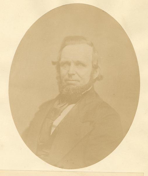 Quarter-length oval portrait of Samuel Brown.  He was born in Massachusetts on January 8, 1804, and came to Wisconsin in November of 1834.  In late 1835, Brown and his family were the first to settle in Milwaukee.  He was the community's first carpenter, building Milwaukee's first courthouse.  He also served as a promoter and director of the Milwaukee and La Crosse Railroad.