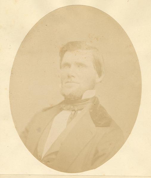 Quarter-length oval portrait of Robert Wilson. He was born in Greenupsburg, Kentucky, on July 16, 1814. Wilson came to Wisconsin in May of 1833, and resided in Iowa County.