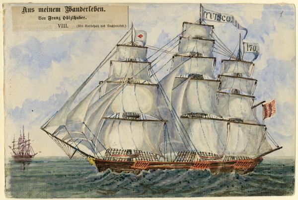 The <i>Tuisco</i> left Bremerhaven May 6, 1856. Hölzlhuber called this the "quickest three masted immigration boat," holding 335 passengers. Though in the watercolor the name is spelled <i>Tuisco</i>, it is variously spelled <i>Tuisto</i> or <i>Tuisko</i>. He described the first cabin as handsomely equipped with polished walls, a large elegant mirror, heavy red velvet sofas, chairs, and a large table in the middle, all furniture fastened to the floor. The ship featured Cojen, sleeping cabins with bunk beds, and he felt fortunate to obtain one without a cabin mate. Hölzlhuber thought highly of the ship's captain, Adolf Dannemann, whose favor he sensed he'd gained by playing his guitar during nightly singing, and by not (like other passengers) asking him  "stupid questions." Taken from Hölzlhuber's description of the scene, translated by Vera Kroner.