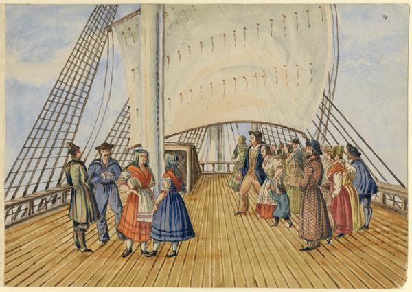The main deck of The <i>Tuisco</i>, showing groups of immigrant men, women, and a child in brightly colored clothing, conversing while standing below a full sail. Hölzlhuber depicted an immigrant ship as a "swimming town on the ocean, and where one can find more entertainment than in some big cities where one sometimes does not know his closest neighbor." Events like weddings and births provided excitement. Talk was dominated by stories of life back home, and the reasons for leaving it behind. Passengers also killed time watching whales, sharks, and other sea life, or playing cards, dominoes, or Lotto. Taken from Hölzlhuber's description of the scene, translated by Vera Kroner.