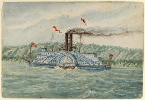 One of the many steamers that frequented the Mississippi River, shown here on choppy water in front of tree-covered bluffs. The ship has two smokestacks, four decks, and flies two American flags. Hölzlhuber reported that steamers were "swimming castles," furnished magnificently and offering "all kinds of comfort" to the passengers. <i>Lady Harris</i> was "really a huge boat" (the paddle wheels measuring 38 feet in diameter), and at that time one of the fastest on the upper Mississippi. This sketch was taken at present-day Lake Pepin, where the Mississippi is three miles wide. Hölzlhuber boarded at St. Croix and disembarked at Winona, taking another ship to Dubuque.

Taken from Hölzlhuber's description of the scene, translated by Vera Kroner.