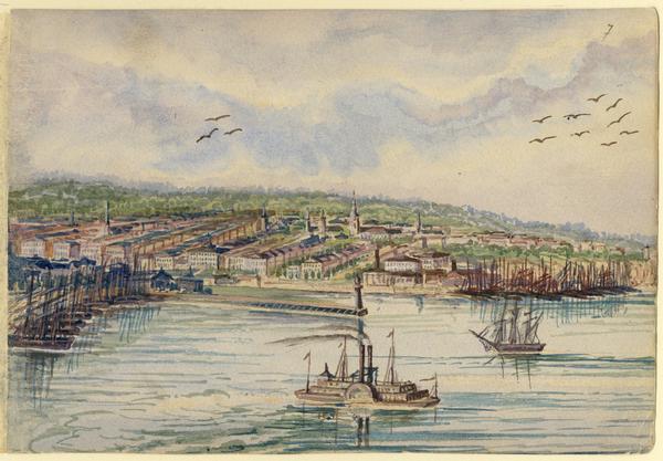 A distant, elevated view of the city of Milwaukee and its shoreline. During the hot summer months, Hölzlhuber, took excursions on the water, many times bringing along others, including small musical bands.