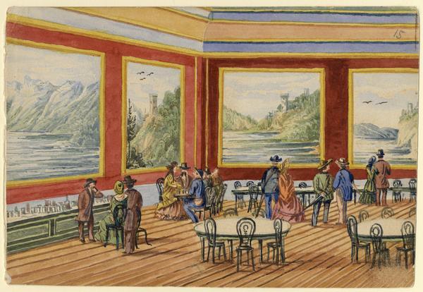 A depiction of groups of people viewing a panorama of landscapes on red walls in a large room, some seated at round tables. This sketch accompanies an Austrian newspaper article published July 27, 1858 about Hölzlhuber's activities in Milwaukee. These include teaching drawing and singing at the German-English Academy, conducting the orchestra at the Catholic Cathedral, and producing confectionery -- introducing "the Linzertorte to the Yankees." He was also busy creating "42 continued pictures and is going to start a big panorama of America." Translated by Vera Kroner.