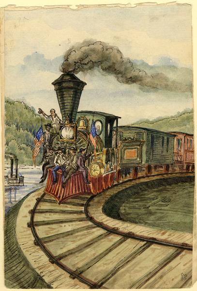 At the opening of the railway between Grandhaven and Grand Rapids, Michigan on July 26, 1857, the locomotive <i>Grand Rapids</i> was manned by the railroad workers from the main plant in Hamilton. At the head was Mr. Muir from Detroit. Here the men perch and wave from the front of the engine. Whenever a train entered a station they were met with cheers and cannons. Hölzlhuber had already delivered sketches of the countryside along the new route to General Director Julius Movius, as well as to <i>Leslie's</i> and <i>Harper's</i>.  Taken from Hölzlhuber's description of the scene, translated by Vera Kroner.