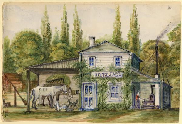 In September 1859, by which time he was a regular contributor to <i>Frank Leslie's Illustrated Paper</i>, Hölzlhuber took his first extensive trip to lower Canada. He came upon this hotel after crossing Lake St. Clair, east of Detroit. There he met two trappers, a hunter, and two fur dealers from the Hudson's Bay Company who subsequently accompanied him northward. They walked for fourteen days, passing many Menominee Indian villages. He left his new friends in Ottawa City and took the steamer <i>Kingston</i> to go back across Lake Ontario to Hamilton, a trip lasting two days. Shown here at the Hotel Eagle are an attached small stable, and a woman at the stove of an outdoor kitchen.

Taken from Hölzlhuber's description of the scene, translated by Vera Kroner.