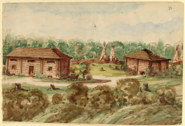 This house was located among the Chippewa (Ojibwa) Indians. Here Hölzlhuber and his companions took shelter in an uncomfortable stable one night, after an evening of dancing with the Indians. Hölzlhuber remembered fondly bidding farewell to one of the Chippewa girls, and buying from the fur trader "some lovely silk ribbon for her pretty black hair." The house and stable can be seen fenced off from four tipis in the encampment.   Taken from Hölzlhuber's description of the scene, translated by Vera Kroner.