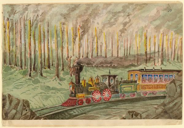 The maple and hickory forests in the old northwest were often plagued with fires during the summer months. Hölzlhuber, on a return journey from Niagara Falls on the Detroit-Milwaukee Railroad, passed through a large forest fire on July 29, 1859. It took more than 25 minutes for the train to get beyond the fire safely, and the passengers and workers all arrived in Grandhaven "dirty, coughing, and hot."   Taken from Hölzlhuber's description of the scene, translated by Vera Kroner.