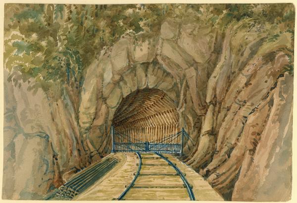 Hölzlhuber traveled on American railways frequently and marveled that they wouldn't have been accepted as usable in Europe. This sketch of the tunnel on the Mississippi-Minnesota Railway shows its wooden plank construction, which looked "more like a mine than like a tunnel made for the railroad." The fence at the entrance kept cattle from  wandering in out of the heat.  On approach, the engineer stopped, climbed down to open the gate, closed it again after passing, then jumped on the last car and ran through the train in time to open and close the gate at the exit. On all the railways he traveled between New York and the Midwest, only one had a railroad watchman, a situation not acceptable by European standards.

Taken from Hölzlhuber's description of the scene, translated by Vera Kroner.