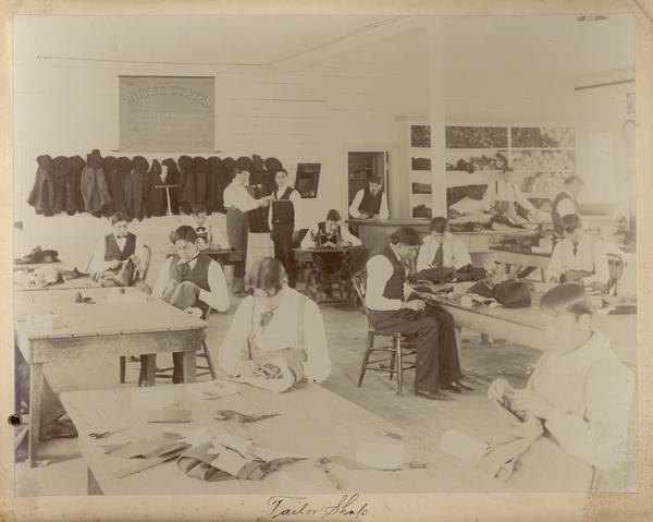 Students working in a tailor shop at the Indian Industrial School.  A man gets fitted in the background.