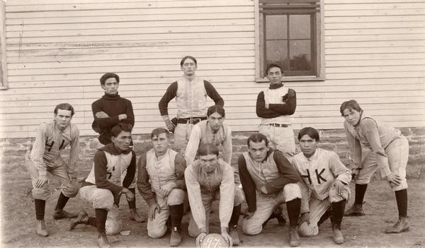 Group portrait of the 1897 Henry Kendall College football team, holders of the championship in Indian Territory. The players are Creek, Cherokee, Choctaw, and White.
