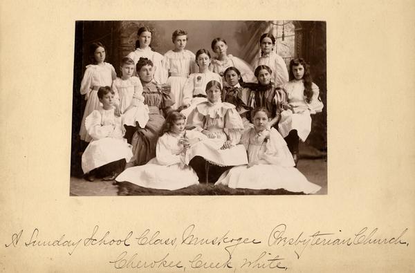 A portrait of a Muskogee Presbyterian Church Sunday School Class.  Pictured are Cherokee, Creek, and White girls.