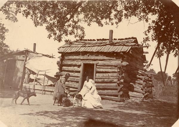 Dogs and women outside of a Delaware Lenape log house.