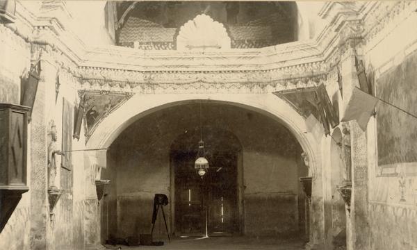 An interior view of the San Xavier Del Bac Mission church entrance, near Tucson.