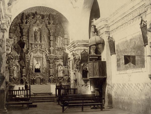 An interior view, showing the altar area, of the San Xavier Del Bac Mission church, near Tucson.